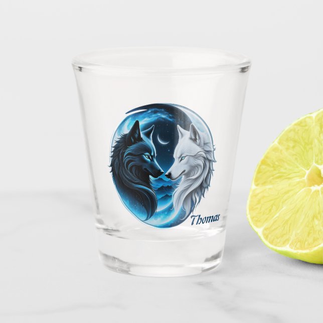 Two majestic wolf heads shot glass (Front)