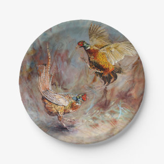 Two male ring-neck pheasants fighting. paper plate