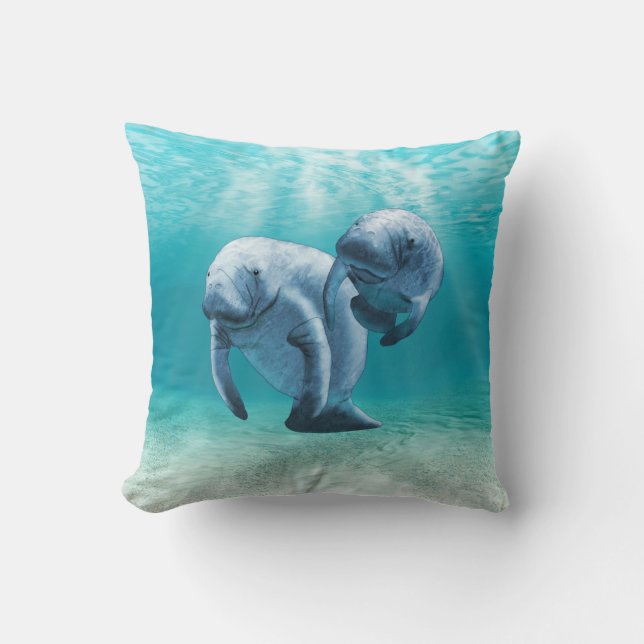 Two Manatees Swimming Throw Pillow (Front)