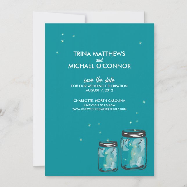 Two Mason Jars & Fireflies Save the Date (Front)