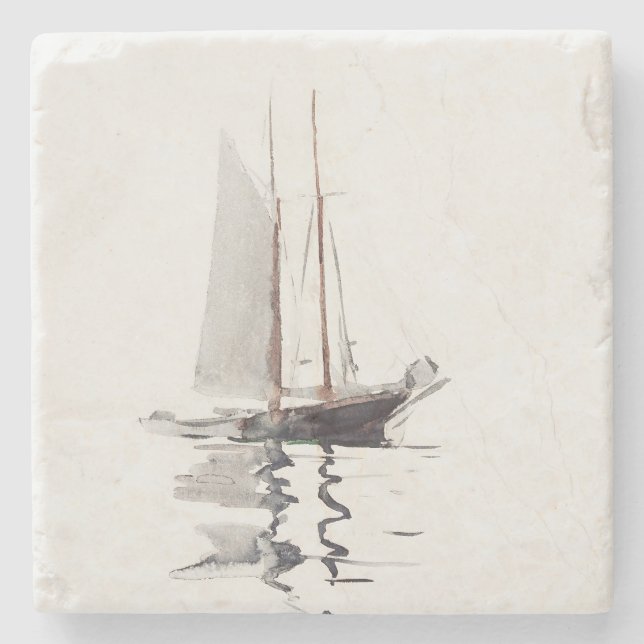 Two-masted Schooner with Dory by Winslow Homer Stone Coaster (Front)