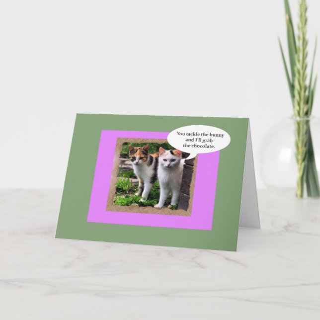 Two Mean Cats Tackle the Easter Bunny Holiday Card (Front)