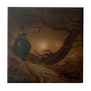 Two Men Contemplating the Moon at Night Tile