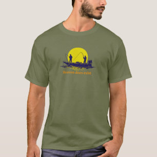 Two men fishing in a boat against a yellow sunset, T-Shirt