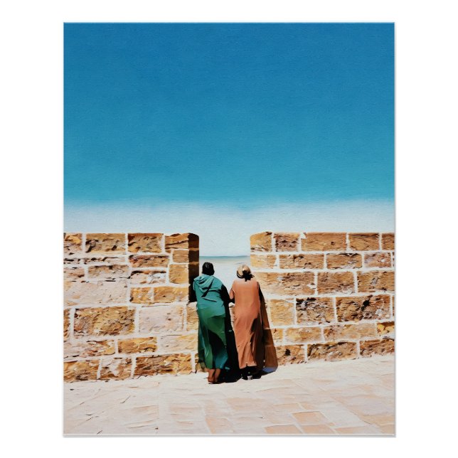 Two Men Gazing Over Wall Toward Bright Blue Sky Poster (Front)