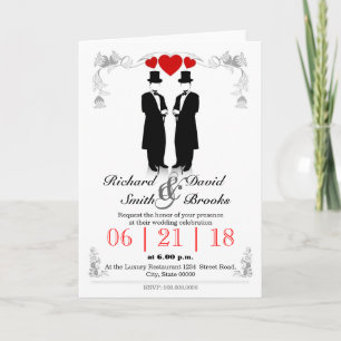Two men in tuxedo with hats — Gay wedding Invitation