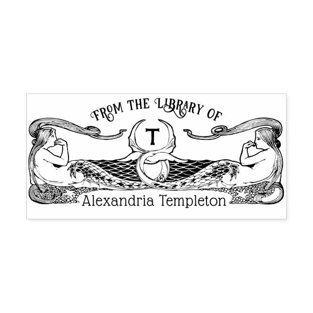 Two Mermaids Library Book Name Initial Self-inking Stamp (Design)