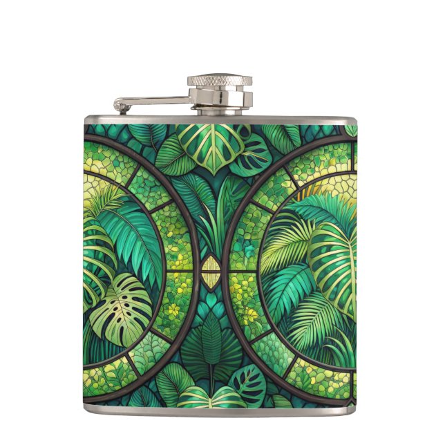 Two metal flasks with vibrant green tropical  (Front)