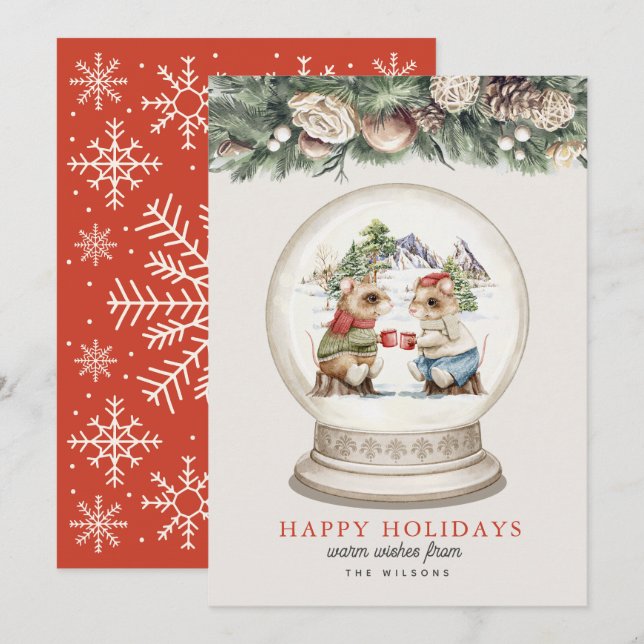 Two Mice Hot Choclate Mountains Snow Grobe Holiday Card (Front/Back)