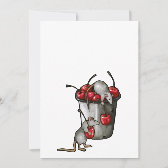 Two MICE Stealing Cherries, Bucket of Cherries Art Invitation (Front)
