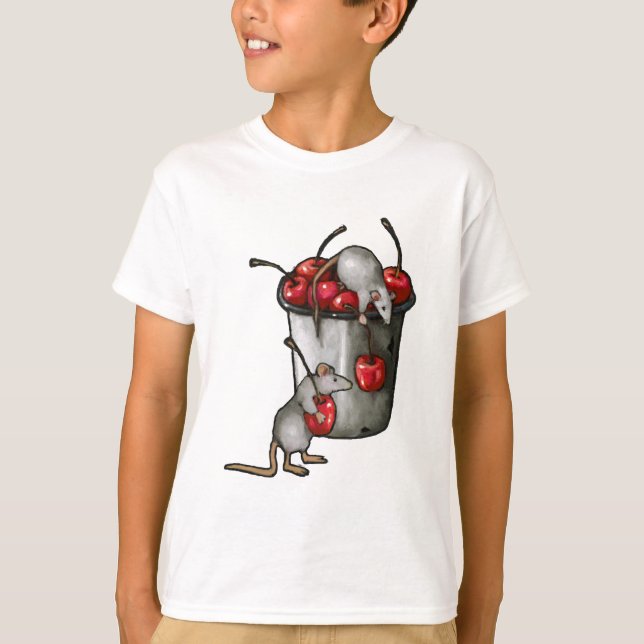 Two MICE Stealing Cherries, Bucket of Cherries Art T-Shirt (Front)