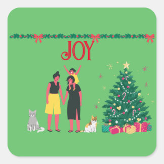 TWO MOMS AND DAUGHTER MERRY CHRISTMAS SQUARE STICKER