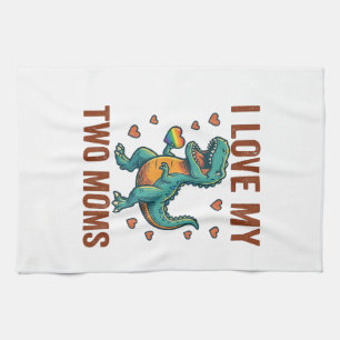 Two Moms Pride Dinosaur Vector T-Shirt Design_1 Kitchen Towel
