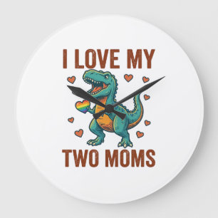 Two Moms Pride Dinosaur Vector T-Shirt Design_1 Large Clock