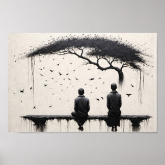 Two monks contemplating beauty of tree and birds poster