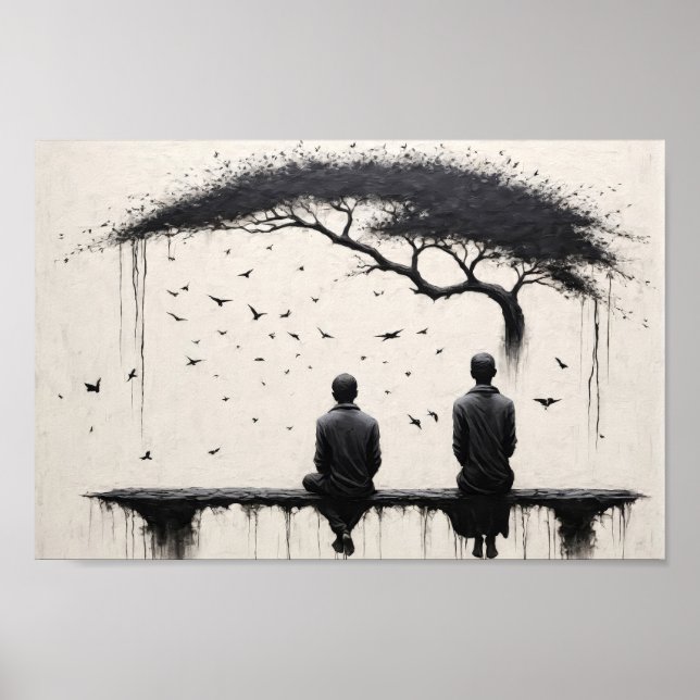 Two monks contemplating beauty of tree and birds poster (Front)