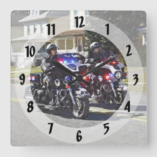 Two Motorcycle Cops With Flashing Lights Square Wall Clock