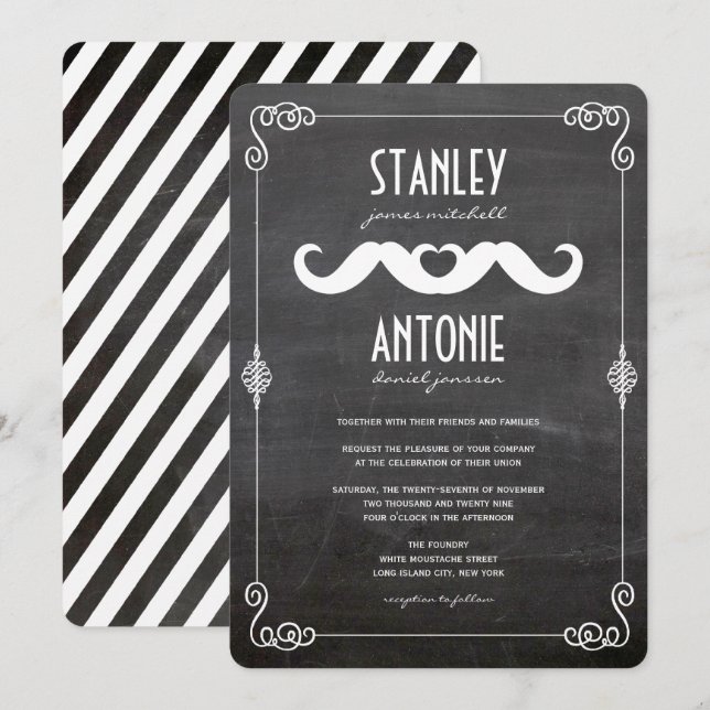 Two Moustaches Love Vintage Chalkboard Gay Wedding Invitation (Front/Back)