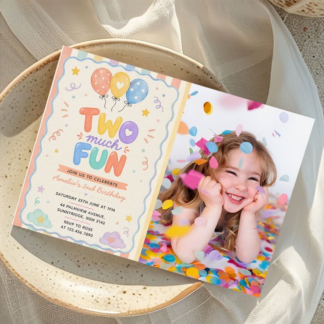 Two Much Fun  Balloon 2nd Birthday Photo Invitation (Creator Uploaded)