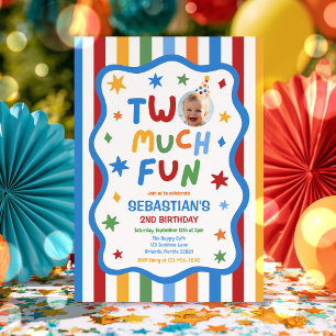Two Much Fun Colourful Boy 2nd Birthday Party Invitation