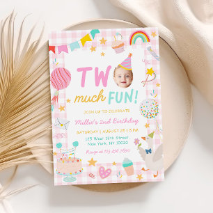 Two much Fun Colourful Photo Girl 2nd Birthday Invitation