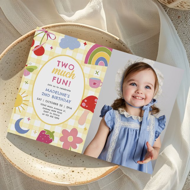 Two Much Fun Retro Hand Drawn 2nd Birthday Photo Invitation (Creator Uploaded)
