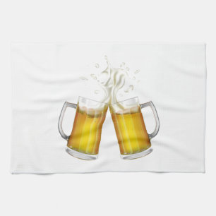 Two mugs with a light beer. kitchen towel