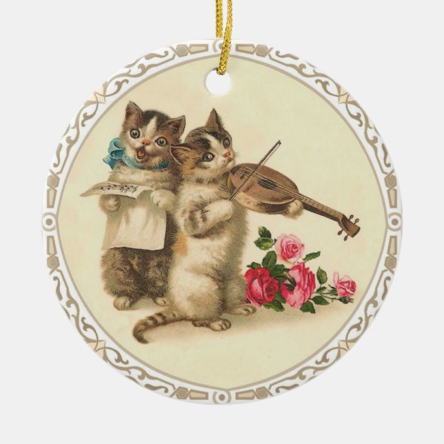 Two Musical Kittens Sing and Play Violin Ceramic Ornament (Front)