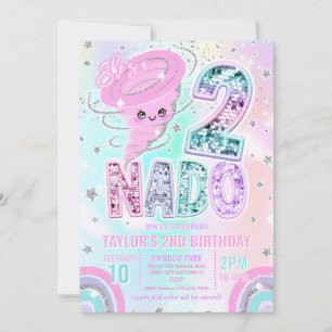 Two Nado Rainbow Glitter 2nd Birthday Party  Invitation