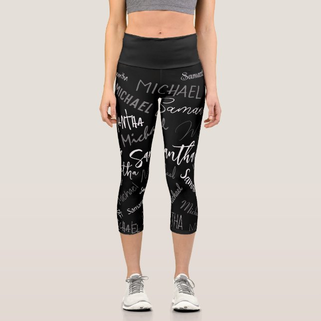 Two names couple pattern monogram black grey white capri leggings (Front)