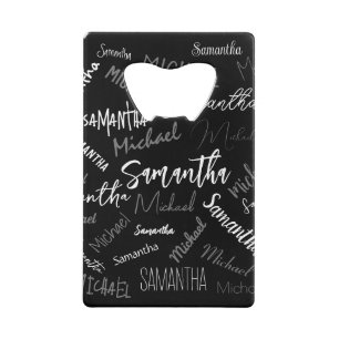 Two names couple pattern monogram black grey white credit card bottle opener