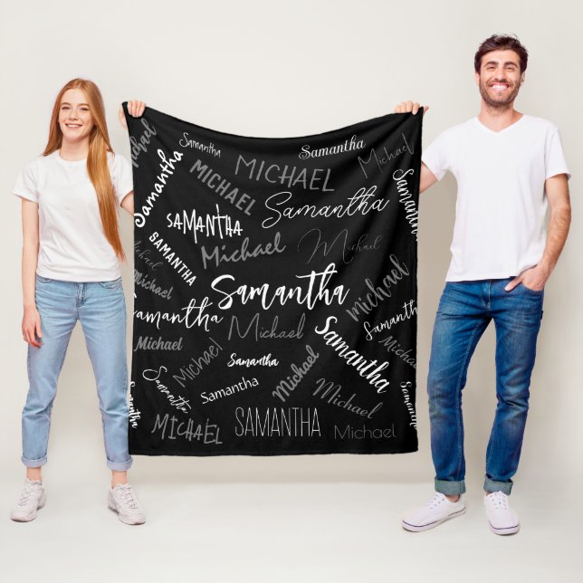Two names couple pattern monogram black grey white fleece blanket (In Situ)