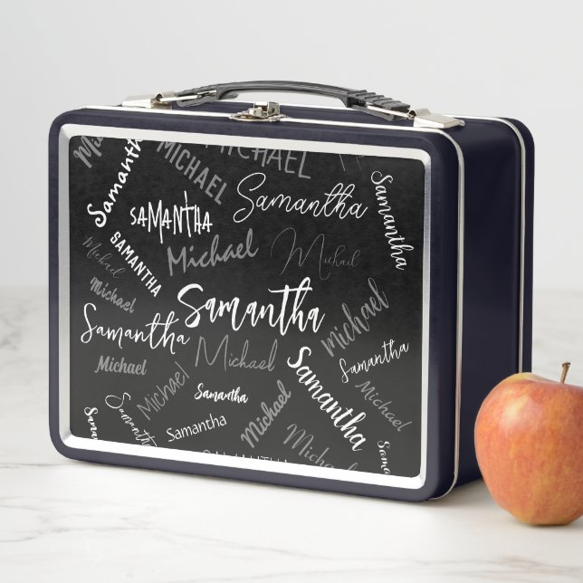 Two names couple pattern monogram black grey white metal lunch box (In Situ)