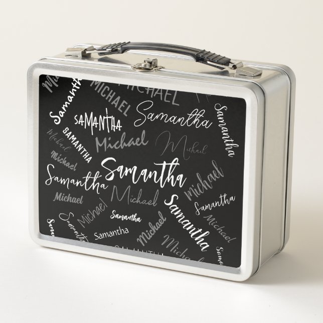 Two names couple pattern monogram black grey white metal lunch box (Front)