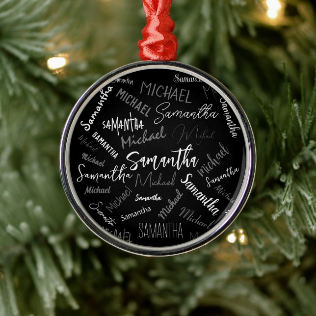 Two names couple pattern monogram black grey white metal ornament (Tree)