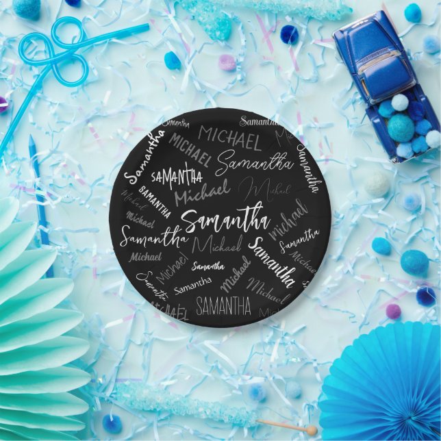 Two names couple pattern monogram black grey white paper plate (Party)