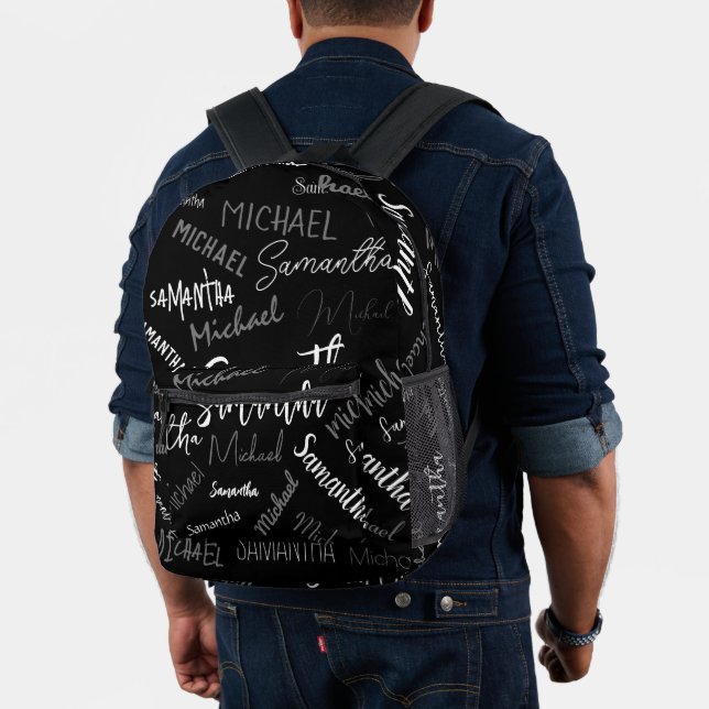 Two names couple pattern monogram black grey white printed backpack (Insitu (Model))