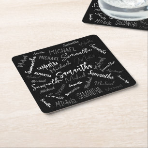 Two names couple pattern monogram black grey white square paper coaster