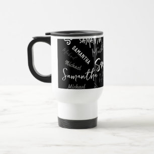 Two names couple pattern monogram black grey white travel mug
