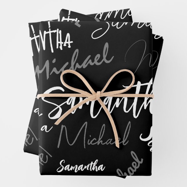 Two names couple pattern monogram black grey white wrapping paper sheet (In situ)