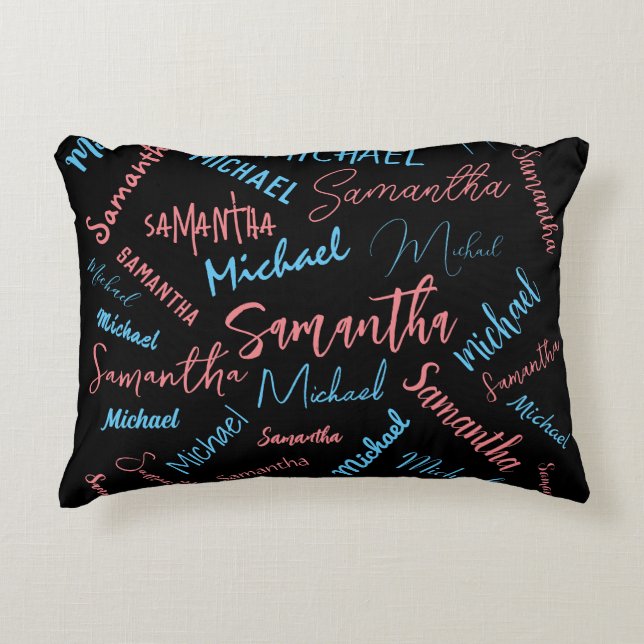 Two names couples pattern monogram blue light pink accent pillow (Front)