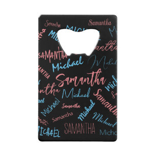 Two names couples pattern monogram blue light pink credit card bottle opener