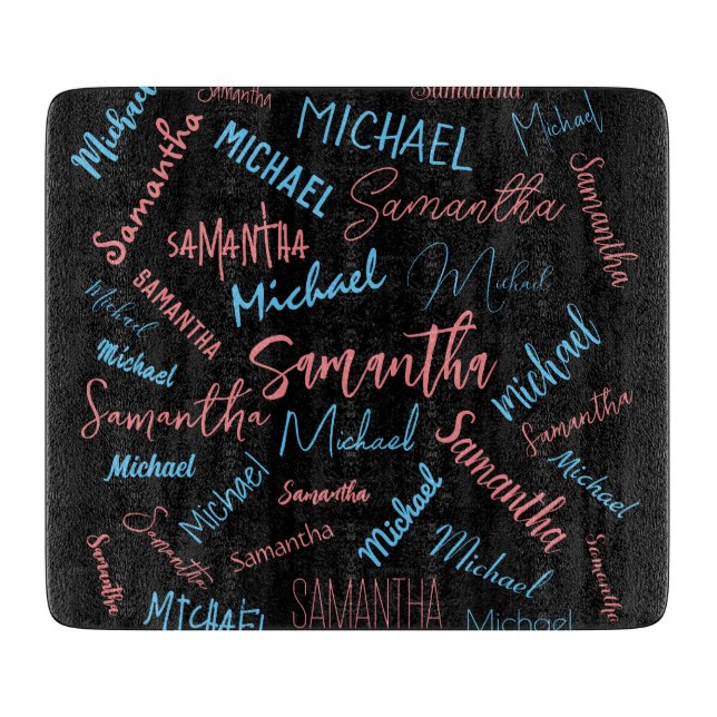Two names couples pattern monogram blue light pink cutting board (Front)