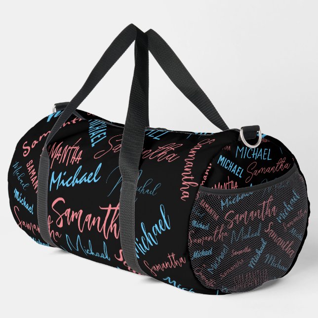 Two names couples pattern monogram blue light pink duffle bag (Right Corner)