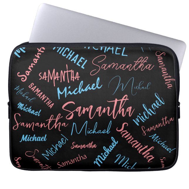 Two names couples pattern monogram blue light pink laptop sleeve (Front)