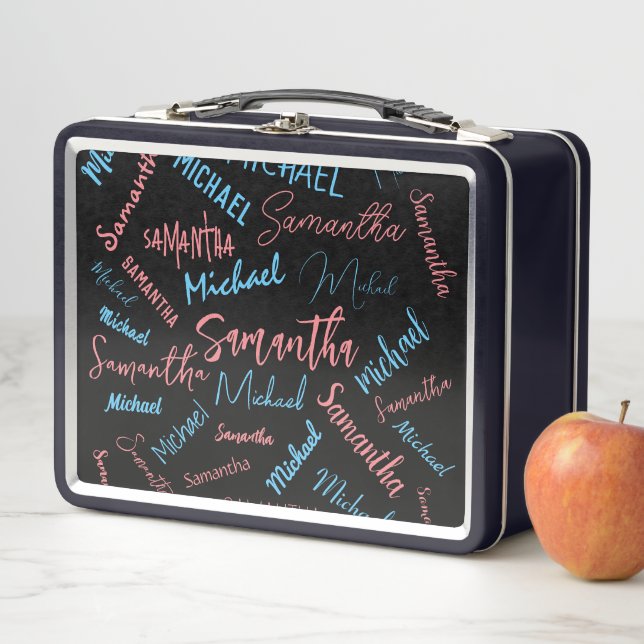 Two names couples pattern monogram blue light pink metal lunch box (In Situ)