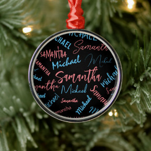 Two names couples pattern monogram blue light pink metal ornament