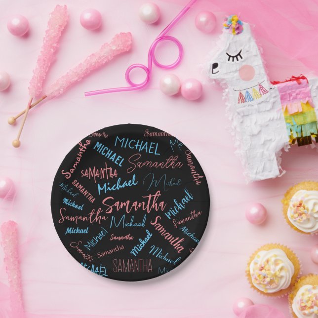 Two names couples pattern monogram blue light pink paper plate (Party)