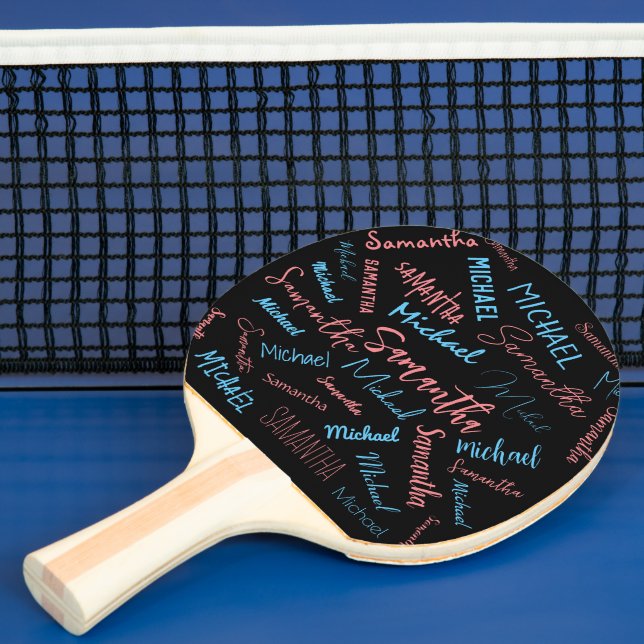 Two names couples pattern monogram blue light pink ping pong paddle (Insitu)