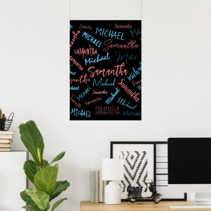 Two names couples pattern monogram blue light pink poster